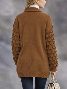 Penseblé Women's V-Neck Loose Knit Cardigan With 3D Fish Scale Texture, Puff Sleeves, Pockets, Slouchy Outerwear Sweater Jacket - Brown - View 2