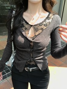 DAZY Women's Lace Patchwork Long Sleeve Fitted Pullover T-Shirt - Black - View 2