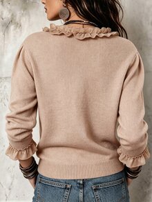 LUMIGAL Autumn/Winter New Loose Casual Solid Color Half-Zip Elegant Lace Patchwork Knit Top - Khaki - View 2