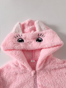 SHEIN Elladie kids 1件女款甜美風休閒Y2K可愛外套，校園休閒穿搭，秋冬3D貓咪刺繡連帽寬鬆抓絨夾克，學校健身房穿著，粉色 - 粉色 - 查看 5