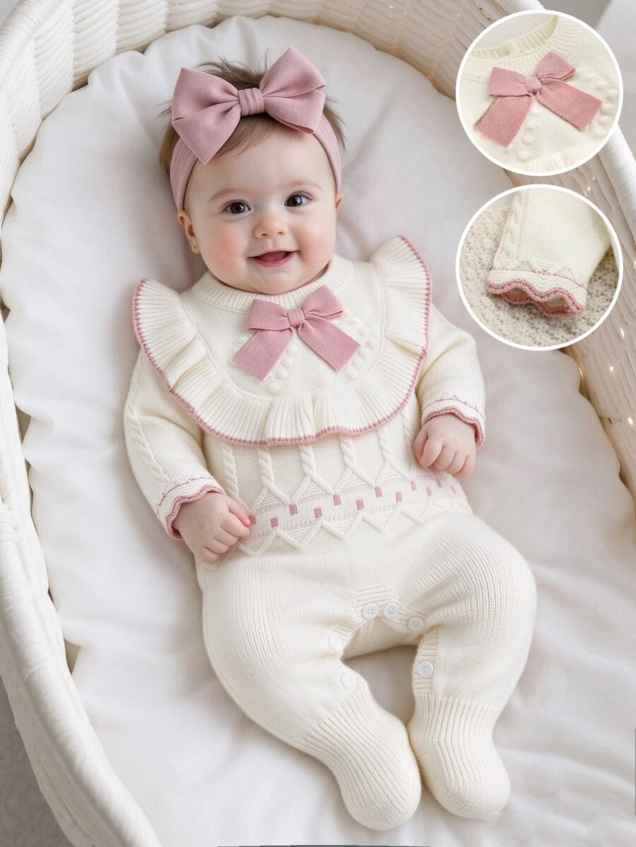 SHEIN Newborn Baby Sweater Onesies, Fashionable Cute Knitted 3D Bow Round Neck Back Button Long Sleeve Ruffle Footed Romper, Soft And Comfortable For Spring And Autumn, Suitable For Daily Wear And Outings - Apricot - View 1