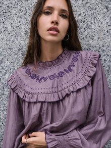 Nöista Olive Long Sleeve Top With Embroidered Ruffle Detail. Office Wear, Elegant Style. Aesthetic Chic - Brown - View 3
