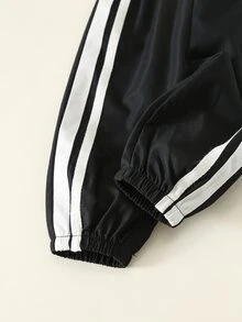 SHEIN 2件組嬰兒男童女童休閒學院風秋冬拼接織帶百搭舒適圓領長袖套頭上衣＋鬆緊腰長褲 - 黑色 - 查看 7