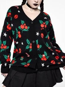 ROMWE Plus Size Women Gothic Style Christmas Skull, Cherry, Gift Box, Candy Cane, Star Pattern Loose Casual Cardigan Sweater - Black - View 2