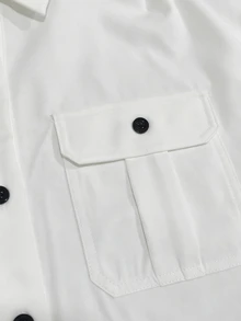 Franclia White Drop Shoulder Long Sleeve Contrast Button Lapel Utility Pocket Design Women's Bodysuit Shirt - White - View 4