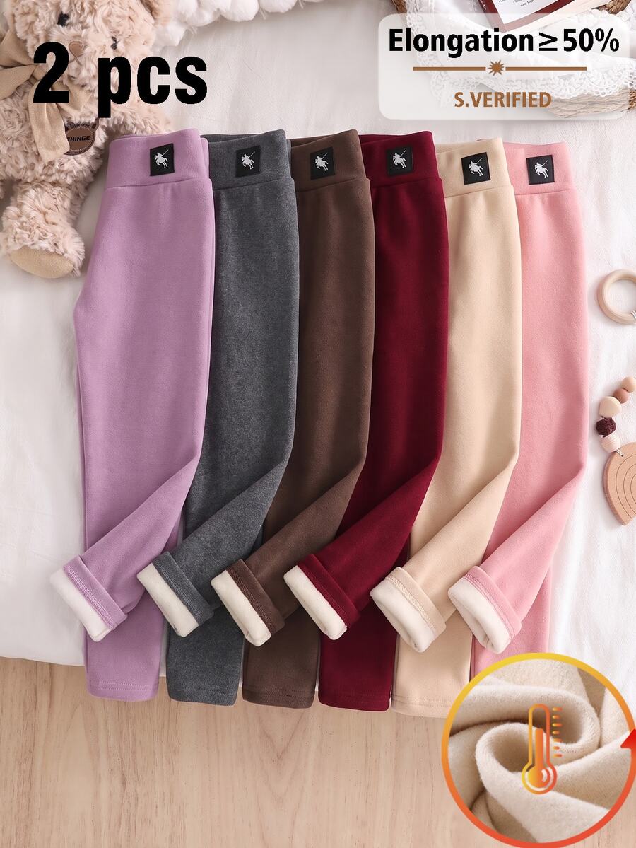 SHEIN 2件裝女童秋冬蝴蝶結刺繡圖案刷毛內搭褲,適合日常休閒穿著 - 彩色 - 查看 1
