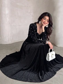 Modelyn Vintage Velvet Twisted Strap Dress With Beaded Short Cape, Cinched Waist And Flared Long Skirt, Party And Commute Outfit Velvet Black Fall/Winter - Black - View 1