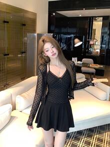DAZY 2pcs Women's Autumn Short V-Neck Spaghetti Strap Polka Dot Lace Patchwork Camisole & Sheer Cardigan Set - Black - View 4