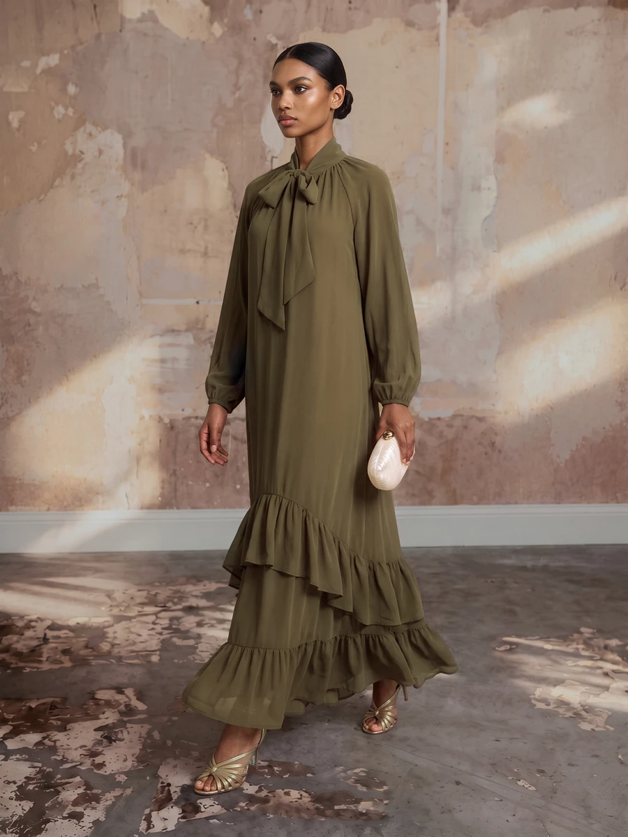 SHEIN Veneréa Slouchy Stand Collar Ruffle Long Chiffon Dress - Coffee - View 1