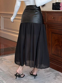 DAZY Fashion Black PU & Chiffon Patchwork Flared Flowy Women's Skirt - Black - View 2