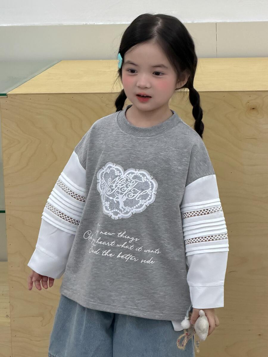 Dazy Kids 少女甜美字母印花蕾絲拼接運動衫 - 淺灰色 - 查看 1