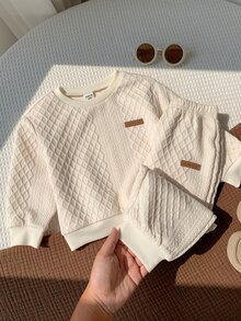 2件組嬰兒男童/女童白色紋理布料圓領長袖套頭運動衫與鬆緊腰長褲慢跑褲套裝，秋冬款 - 杏色 - 查看 9