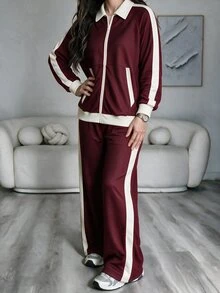Modelyn Women's Casual Korean Style College Style Lapel Relaxed Fit Zip-Up Jacket & Wide Leg Pants Plus Size 2 Pieces Set - Burgundy - View 4