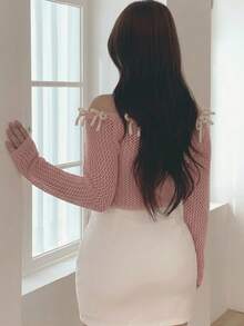 Dazy Plus Korean Style Bow Contrast Color Fitted Square Neck Long Sleeve Hollow Out Sexy Vacation Spring Autumn Thin Knit Sweater - Pink - View 6
