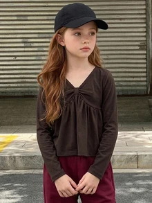 Hapijoa (Gadis Muda) Kaos Kasual Berkerah V, Pas Badan, Model Lapisan Dasar - Mocha Brown - View 4