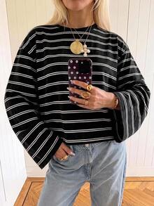 SHEIN EZwear Women's Minimalist Striped Colorblock Long Sleeve T-Shirt - Black - View 4