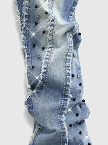 ROMWE MEN Street Life Men's Rivet Decor Frayed Hem Washed Distressed Fashion Personalized Jeans - Blue - View 4