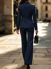 RosyDaze Women's Professional Elegant Fitted Blazer & Pants Set, Commute Interview V-Neck Cinched Waist Navy Blue Formal 2 Pieces Outfit - Navy Blue - View 2