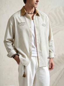 TONEVAULT Men's Colorblock Striped Patchwork Letter Print Single-Breasted Casual Fashion Shirt - Apricot - View 5