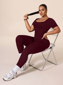 SHEIN Rhythm Era Women's Plus Size Seamless Ribbed Slim Fit Athletic Jumpsuit, Suitable For Workout, Yoga, Running - Burgundy - View 2