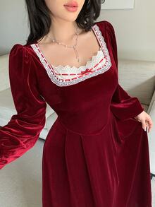 Feyla Women's Elegant Sweet Lace Patchwork Bowknot Strap Dress - Burgundy - View 2