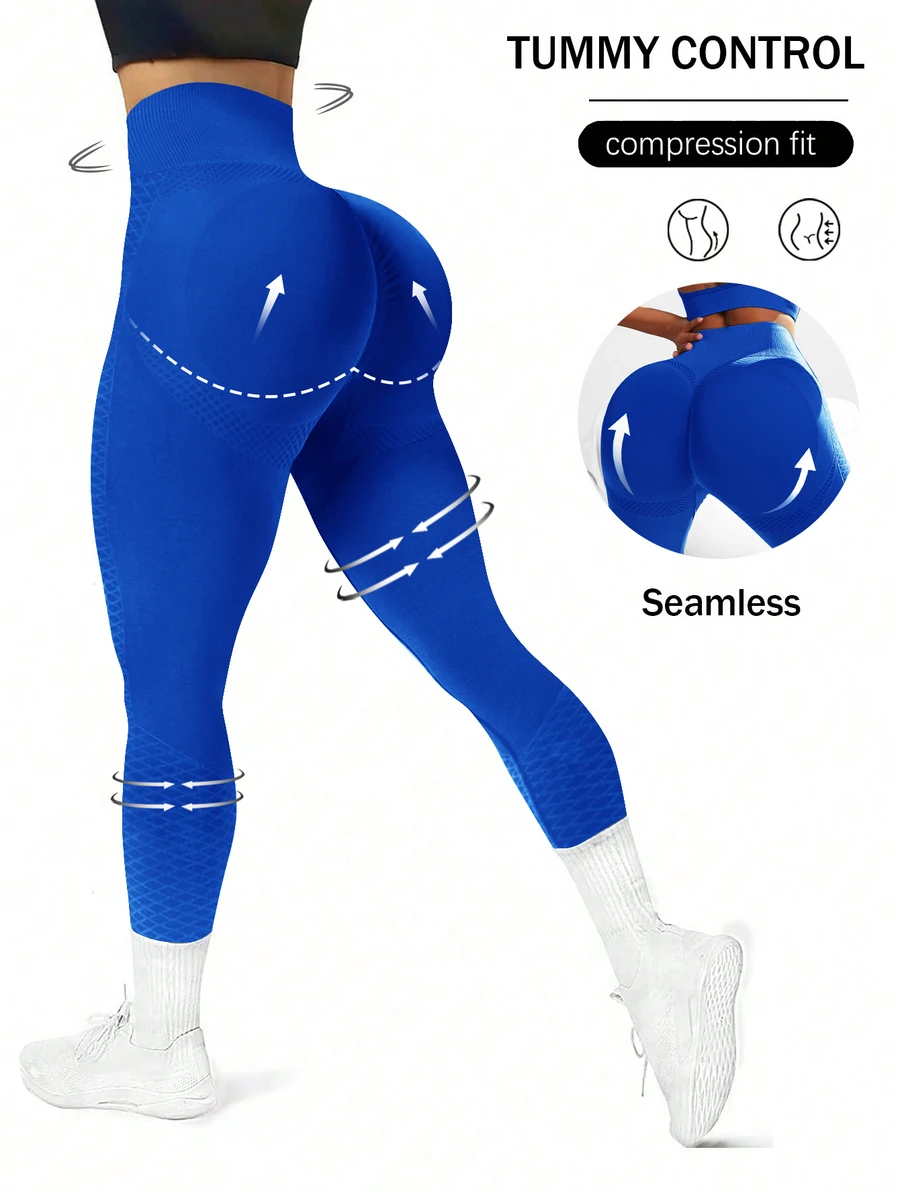Easithlete Easithlete 女款無縫寬腰運動緊身褲 皇家藍 秋季 健身慢跑 運動寬鬆款 達拉斯牛仔啦啦隊風 舒適跑步褲 - 藍色 - 查看 1