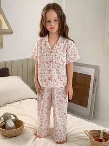 Hapijoa 少女秋季服飾 格紋短袖長褲居家服 春/夏 - 淺粉色 - 查看 3