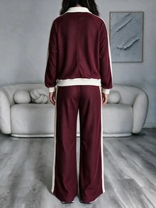 Modelyn Women's Casual Korean Style College Style Lapel Relaxed Fit Zip-Up Jacket & Wide Leg Pants Plus Size 2 Pieces Set - Burgundy - View 2