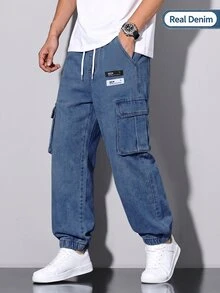 SHEIN 大童男孩工裝口袋抽繩腰牛仔長褲 - 中等水洗藍 - 查看 1