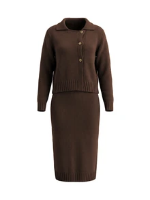 EMERY ROSE Women's 2pcs Vintage Army Green Chunky Knit Honeycomb Texture Cardigan With Small Collar, Asymmetric Front, Metal Round Buttons, Short Length And High Waist Ribbed Bodycon Midi Skirt Sweater Set - Brown - View 4