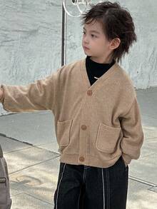 Dazy Kids 兒童秋季男童小號寬鬆休閒V領針織開襟外套，紋理面料 - 棕色 - 查看 5
