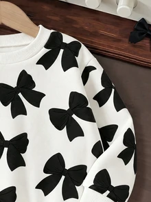 女嬰 1件裝 簡約可愛蝴蝶結印花圓領長袖加厚抓絨內裡運動衫上衣，柔軟面料，適合聖誕外出，秋冬穿著 - 彩色 - 查看 3