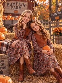 SHEIN Đầm hoa kiểu áo len giả cho bé gái tween, phong cách vintage với mảng gân, tay dài, cổ tròn, eo cao, dáng xòe rủ, trang phục mùa thu đông - màu nâu - Xem 4