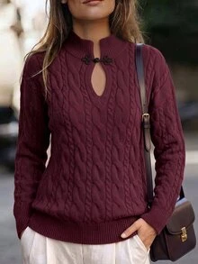 Wandoria Sweater Rajut Lengan Panjang Wanita Terbaru Musim Gugur, Model Satu Potong, Kerah Semi-Tinggi, Kancing Ruyi, Motif Tali Rami Klasik, Potongan Pas Badan, Serbaguna, Modis untuk Sehari-hari, Unik, dan Personal. - Burgundy - View 5
