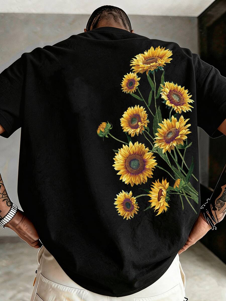 HypeHours Men's Plus Size Classic Sunflower Double-Sided Print Fitted T-Shirt, Suitable For Daily Wear And Gatherings - Black - View 1
