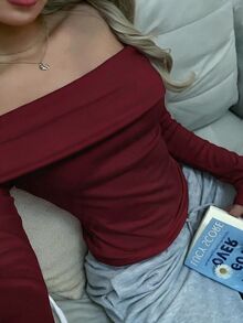 SHEIN EZwear 女款粉色針織露肩修身T恤 - 酒紅色 - 查看 1