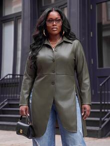 Slaydiva Blazer Panjang Kulit Imitasi Ukuran Besar, Jaket Slim Fit Kancing Tunggal - Hijau Army - Hijau - View 10