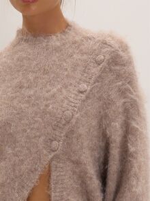 MUSEYN Stone Fluffy Knit Asymmetic Button Sweater Versatile Everyday Date Night Chic New Season Fall - Light Grey - View 5