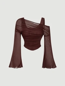 SHEIN MOD Women's 2pcs Solid Color & Polka Dot Asymmetrical Shoulder T-Shirts - Brown - View 7