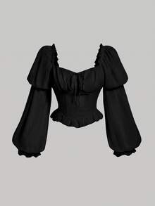 SHEIN Girlism 少女白色休閒百搭方領露肩百褶泡泡袖短版上衣，春/夏新品 - 黑色 - 查看 1