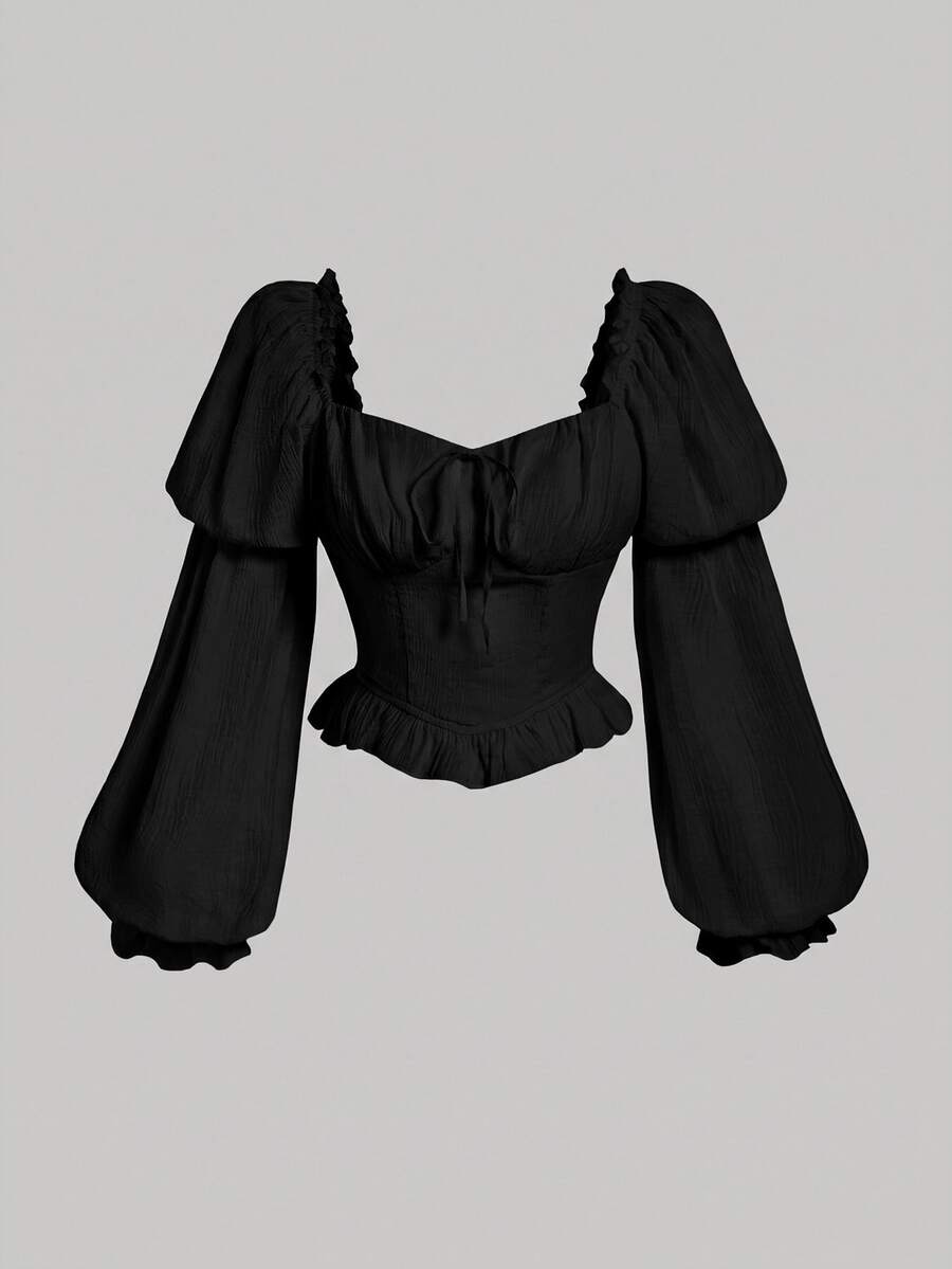 SHEIN Girlism 少女白色休閒百搭方領露肩百褶泡泡袖短版上衣,春/夏新品 - 黑色 - 查看 1