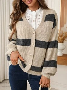 EMERY ROSE Fall Winter Striped V‑Neck Knit Cardigan, Button Front Balloon Sleeve Loose Sweater Jacket - Multicolor - View 5