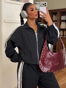 Muchica Women's Plus Size Casual Fashion Striped Side Stripe Decor Zipper Jacket And Wide Leg Pants 2 Pieces Set - Black - View 4