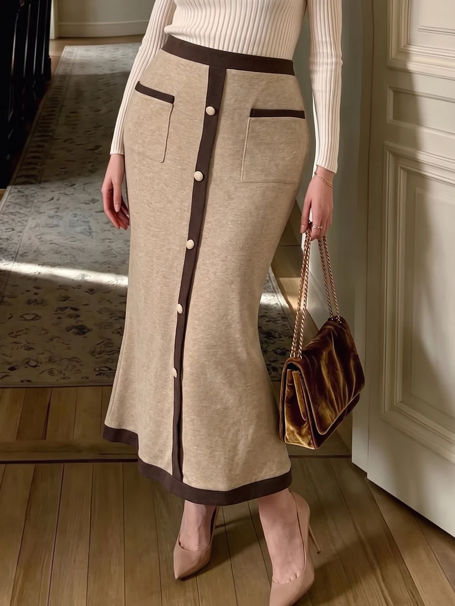 Modelyn Autumn/Winter Knit Colorblock Button Embellished Bodycon Fishtail Hem Elegant Plus Size Women's Skirt - Khaki - View 1