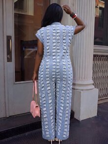 Slaydiva Plus Size Collared Zipper Short Sleeve Distressed Raw Hem Denim Jumpsuit - Blue - View 2