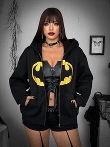 Whyspr BATMAN X SHEIN Plus Size Fashion Printed Colorblock Long Sleeve Sweatshirt - Black - View 4