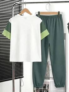 Tween Boy Striped Colorblock Short Sleeve T-Shirt And Letter Print Long Pants Set - Multicolor - View 4