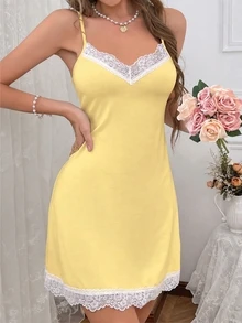 SHEIN 對比色蕾絲細肩帶睡裙 夏日穿著 - 黃色 - 查看 6