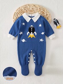SHEIN Newborn Baby Cartoon Pattern Casual Daily Long Sleeve Jumpsuit - Blue - View 8
