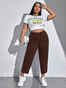 SHEIN EZwear 大尺碼鈕扣口袋拉鍊拼接純色牛仔褲 - 咖啡棕 - 查看 4